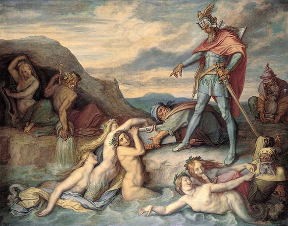 Hagen versenkt den Nibelungenhort, gemalt von Peter von Cornelius, 1859.