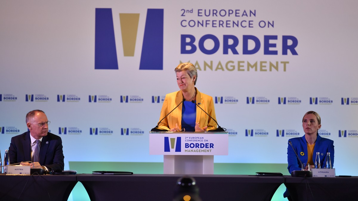 European Commissioner for Home Affairs Ylva Johansson speaks during the 2nd European Conference on Border Management, in Vouliagmeni suburb, southeast of Athens, Greece, Friday, Feb. 24, 2023. Speakin ...