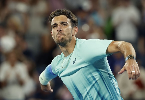 epa12676388 Lorenzo Musetti of Italy celebrates winning the Mens 3rd round match against Tomas Machac of the Czech Republic on day 7 of the 2026 Australian Open tennis tournament at Melbourne Park in ...
