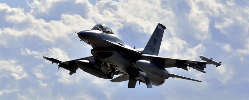 This image provided by the U.S. Air Force, a F-16 Fighting Falcon from the 510th Fighter Squadron takes off during Red Flag 24-1 at Nellis Air Force Base, Nevada, on Jan 25, 2024. The Biden administra ...