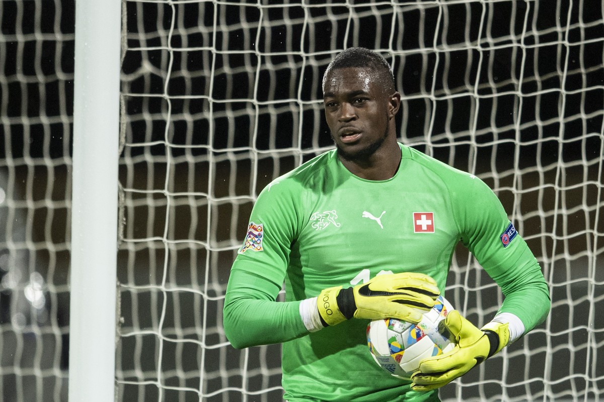 Switzerland's goalkeeper Yvon Mvogo reacts during the UEFA Nations League soccer match between Iceland and Switzerland at the Laugardalsvoellur stadium in Reykjavik, Iceland, on Monday, October 1 ...