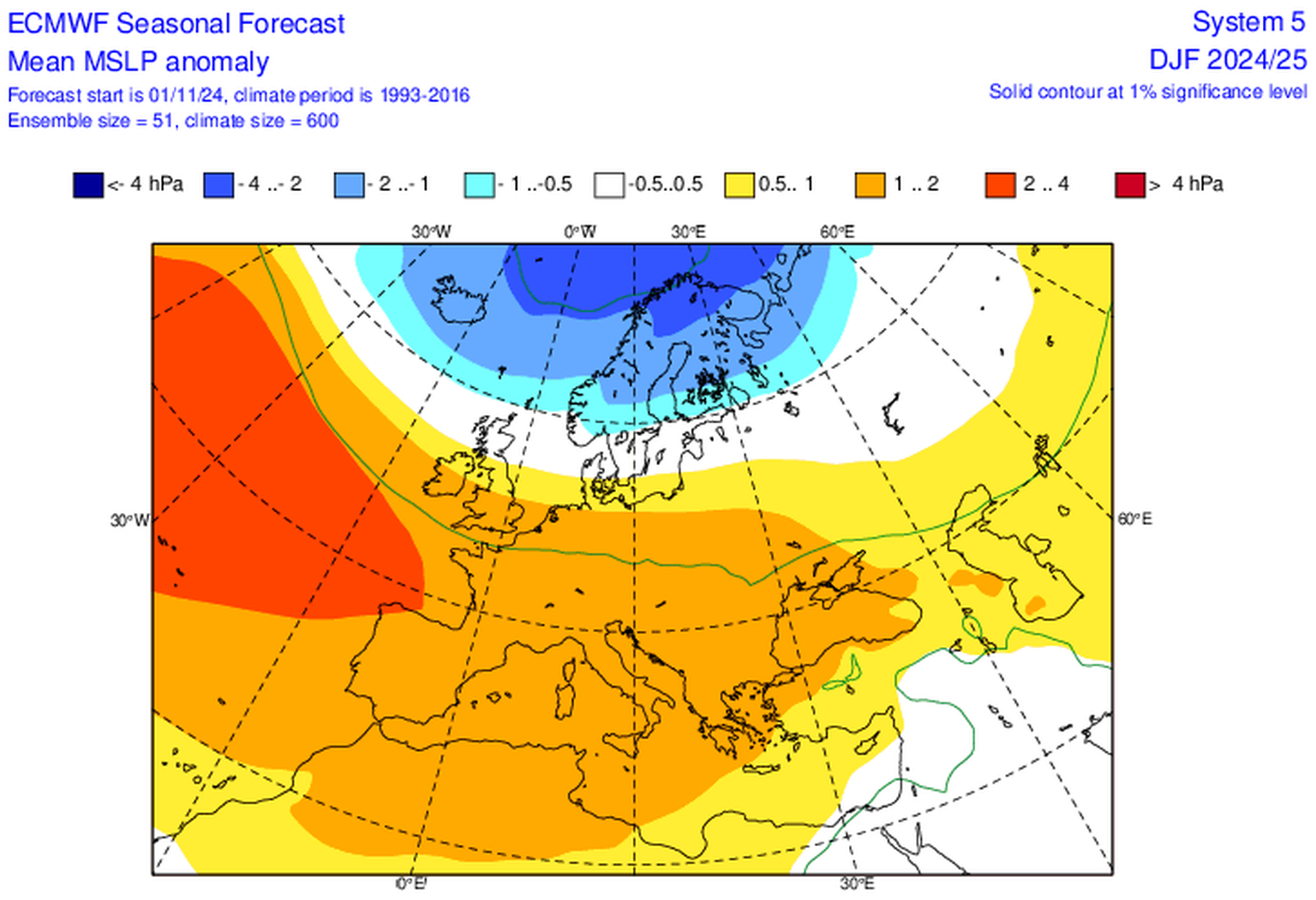 Abweichung des Luftdrucks gegenüber dem langjährigen Mittel in Europa für die Monate Dezember, Januar und Februar (ECMWF) 2024/25