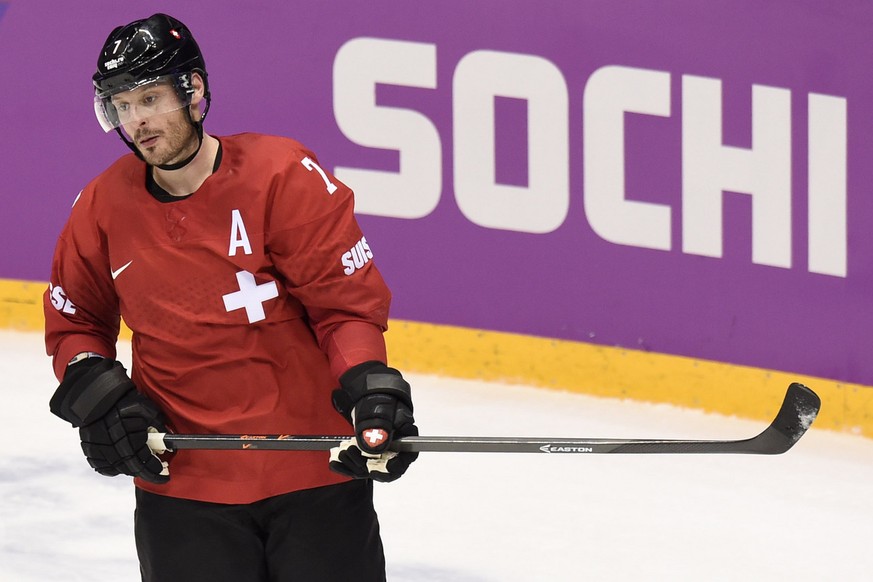 Switzerland&#039;s defender Mark Streit is desapointed after the men&#039;s ice hockey qualification play-offs between Switzerland and Latvia at the XXII Winter Olympics 2014 Sochi in Sochi, Russia, o ...