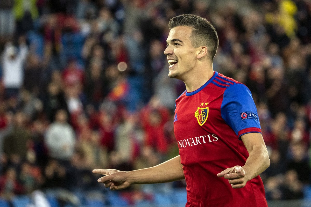 Basel's Kevin Bua celebrates his goal after scoring the 2-0 during the UEFA Europa League group C matchday 1 soccer match between Switzerland's FC Basel 1893 and Russia's FC Krasnodar i ...