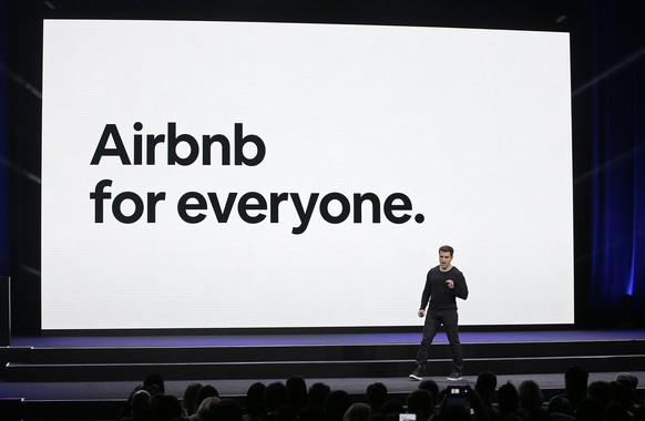 FILE- In this Feb. 22, 2018, photo, Airbnb co-founder and CEO Brian Chesky speaks during an event in San Francisco. People who use the vacation rental website Airbnb are coming to Albany, N.Y., on Tue ...