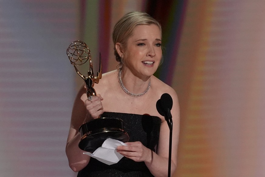 Katie Dippold accepts the award for outstanding writing for a comedy series for "Widow's Bay" during the 78th Emmy Awards on Monday, Sept. 14, 2026, at the Peacock Theater in Los Angele ...