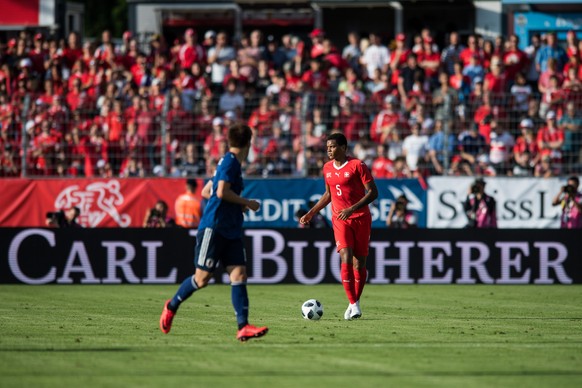 Switzerland&#039;s Manuel Akanji in action during an international friendly soccer match in preparation for the upcoming 2018 Fifa World Cup in Russia between Switzerland and Japan at the Cornaredo st ...