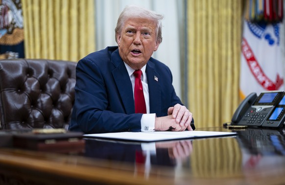 epa12002073 US President Donald Trump speaks during an executive order signing in the Oval Office at the White House in Washington, DC, USA, 31 March 2025. The order directs the Federal Trade Commissi ...