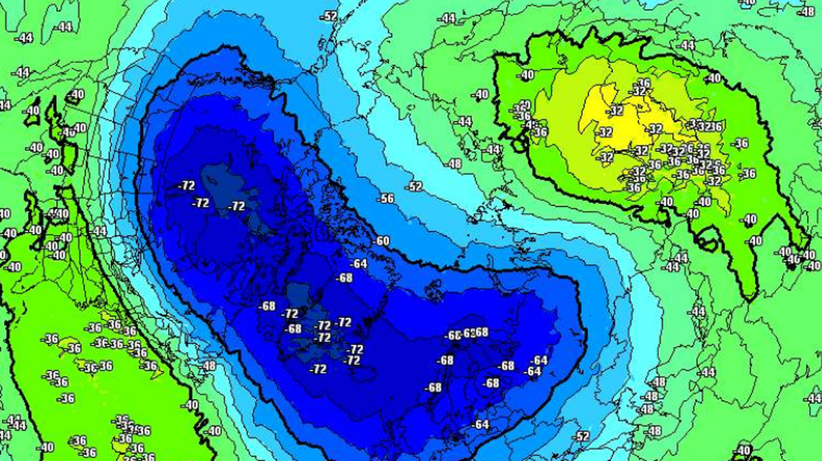 Stark deformierter und aus der eigentlichen Polregion versetzter Polarwirbel mit mehreren Zentren über Kanada, Grönland, Nordatlantik und Skandinavien. Deutliche Erwärmung über Sibirien. Temperatur in ...