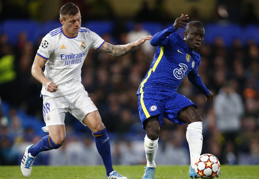 Chelsea FC v Real Madrid - Quarter Final Leg One - UEFA Champions League Chelsea s N Golo Kante holds of Toni Kroos of Real Madrid CF during Champions League Quarter-Final between Chelsea and Real Mad ...