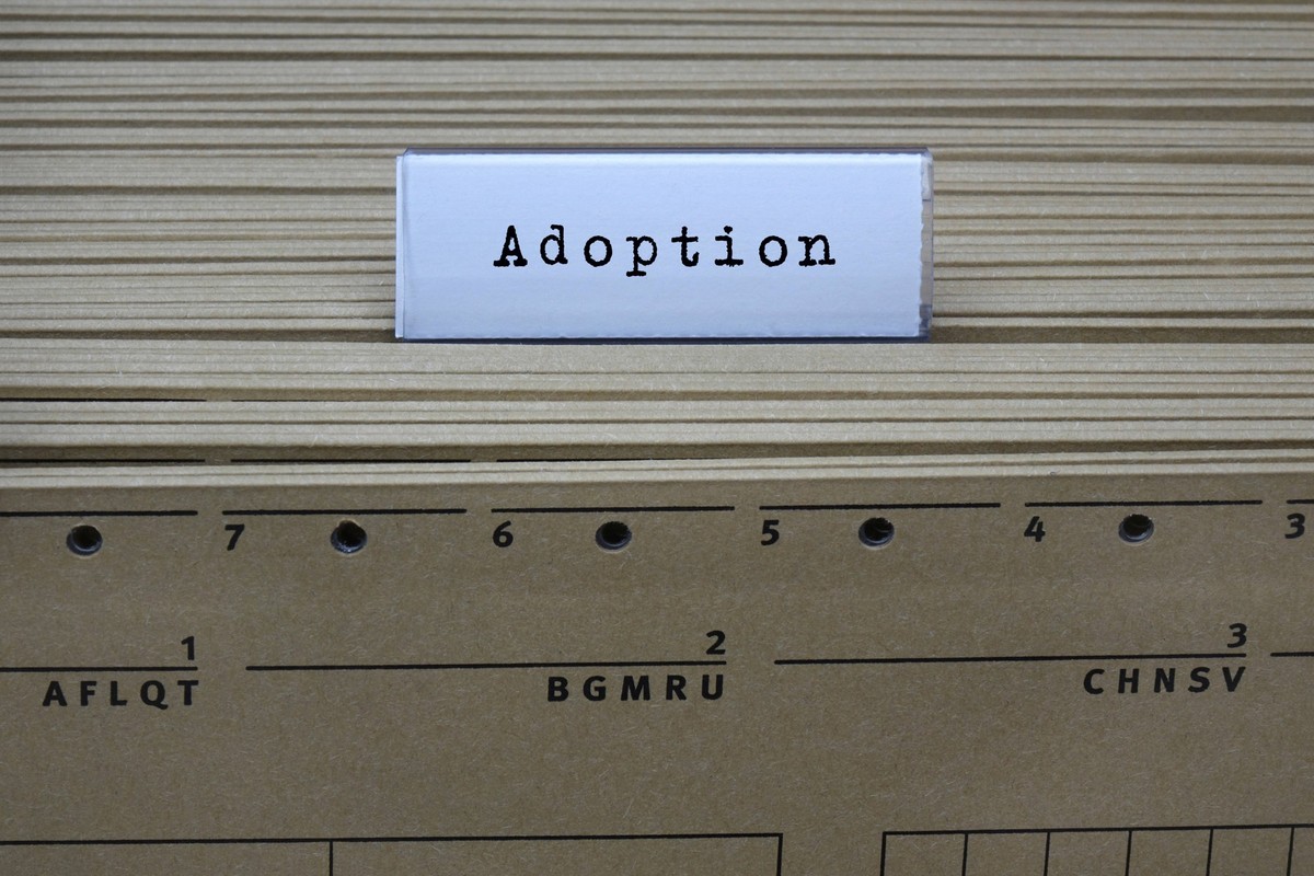 Hängeregister und Adoption Hängeregister und Adoption, 21.04.2023, Borkwalde, Brandenburg, An einem Hängeregister steht der Schriftzug Adoption. *** Hanging register and adoption Hanging register and  ...