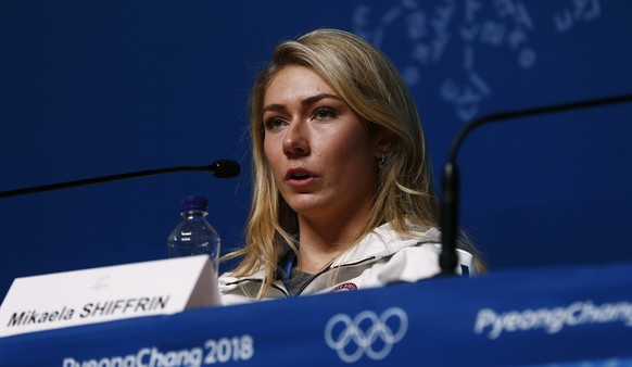 Alpine skier Mikaela Shiffrin, of the United States, speaks during a news conference at the 2018 Winter Olympics in Pyeongchang, South Korea, Saturday, Feb. 10, 2018. (AP Photo/Peter Morgan)