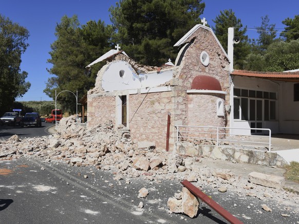 A damaged Greek Orthodox chapel is seen after a strong earthquake in Arcalochori village on the southern island of Crete, Greece, Monday, Sept. 27, 2021. A strong earthquake with a preliminary magnitu ...