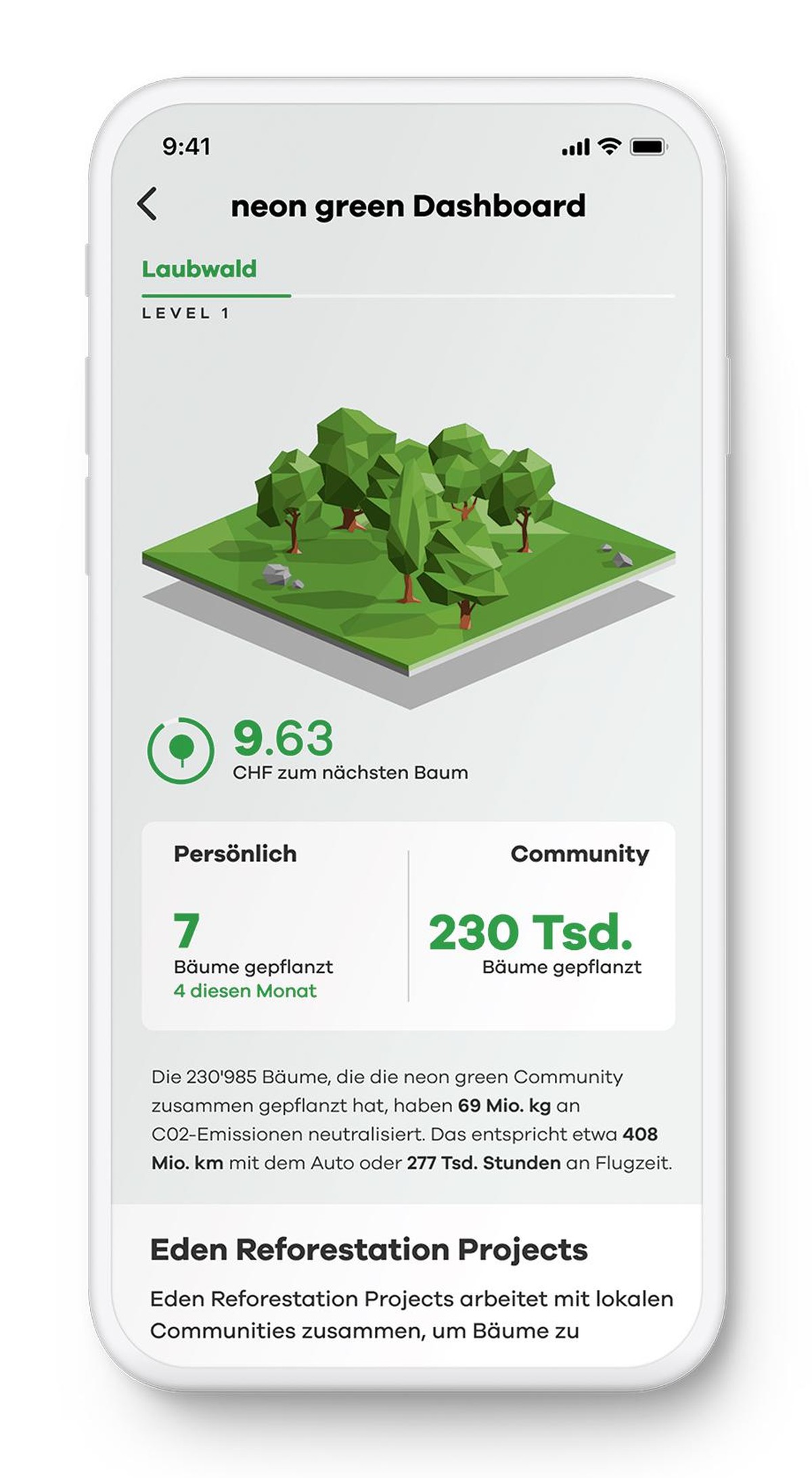 Eine Übersicht in der Konto-App zeigt den Nutzer:innen der Smartphone-Bank Neon direkt die Anzahl gepflanzter Bäume, sowie die der gesamten Neon-Green-Community.