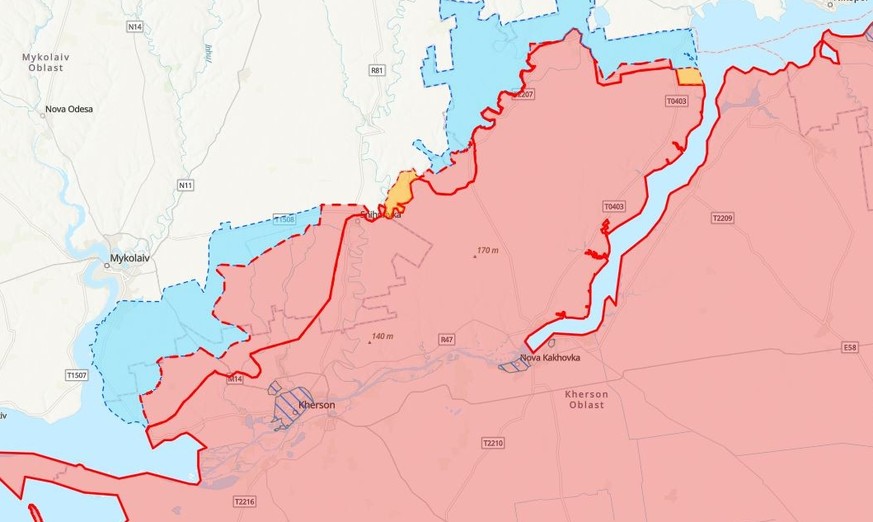 Es gibt zwei Strassenbrücken über dem Dnepr, die von Russland kontrolliert werden. Bei Cherson und bei Nowa Kachowka. Das rote Gebiet ist von den Russen kontrolliert, das blaue Gebiet wurde von den Uk ...