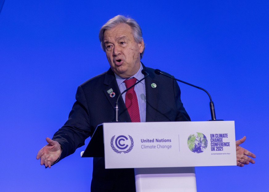 epa09576496 Antonio Guterres, Secretary-General of the United Nations speaks during the COP26 Climate Conference, Glasgow, Britain, 11 November 2021. The 2021 United Nations Climate Change Conference  ...