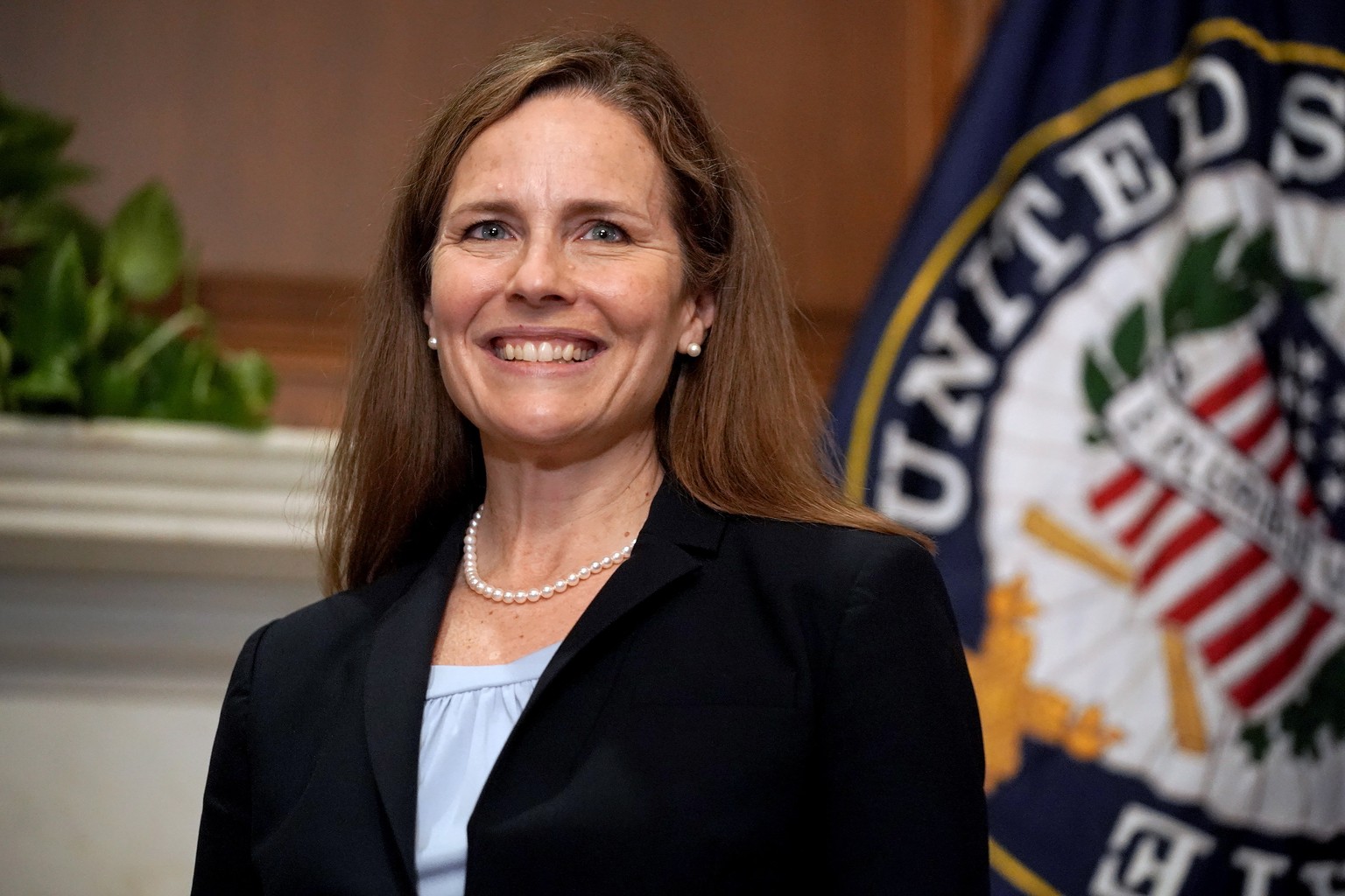 epa08710491 Supreme Court nominee Judge Amy Coney Barrett meets with Republican Senator from Georgia Kelly Loeffler in the US Capitol in Washington, DC, USA, 30 September 2020. Supreme Court Nominee J ...