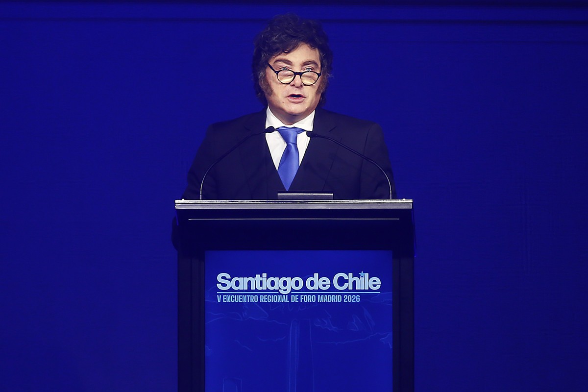 epa13209840 Argentine President Javier Milei speaks during the 5th Regional Meeting of the Madrid Forum?an international alliance of leaders promoted by the far-right Spanish foundation Disenso?in San ...