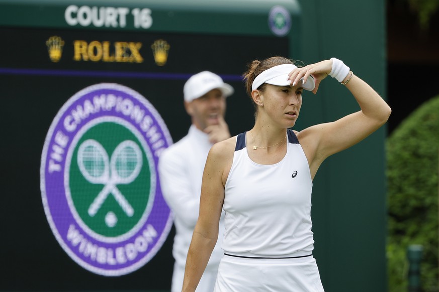 Switzerland&#039;s Belinda Bencic during a training session the All England Lawn Tennis Championships in Wimbledon, London, Saturday, July 1, 2023. The Wimbledon Tennis Championships 2023 will be held ...