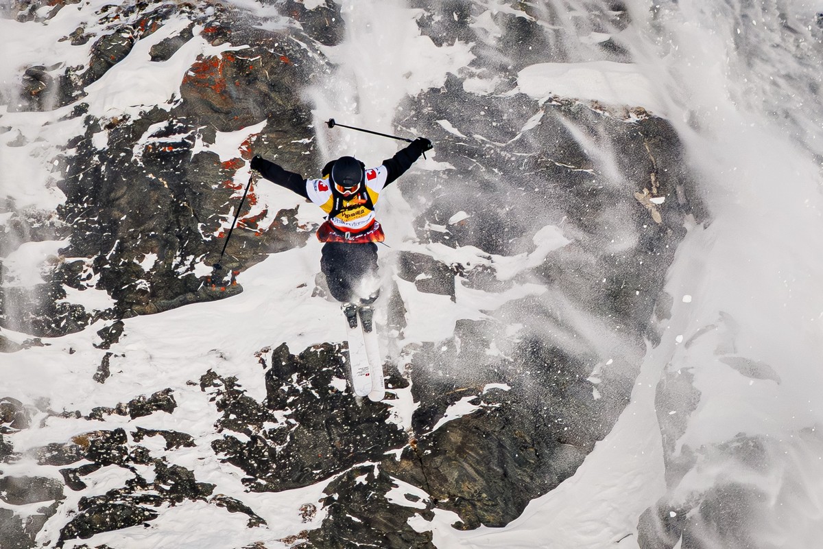Toby Rafford from the U.S. competes to take the second place in the men's ski category at the Verbier Xtreme Freeride World Tour (FWT) finals on the "Bec des Rosses" mountain above the  ...