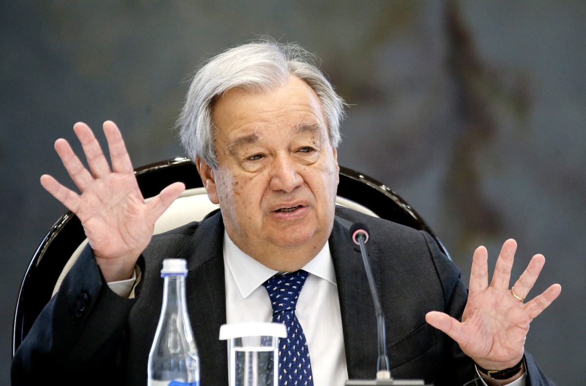 epa11451703 United Nations Secretary-General Antonio Guterres gestures as he speaks during a meeting with Kyrgyz President Sadyr Japarov (not pictured) in Bishkek, Kyrgyzstan, 02 July 2024. The UN Sec ...