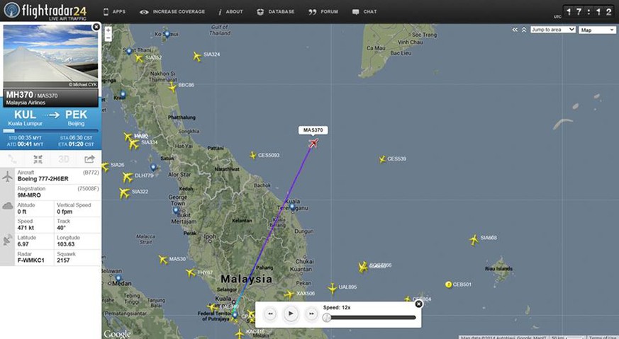 This screengrab from flightradar24.com shows the last reported position of Malaysian Airlines flight MH370, Friday night March 7, 2014. The Boeing 777-200 carrying 239 people lost contact over the Sou ...