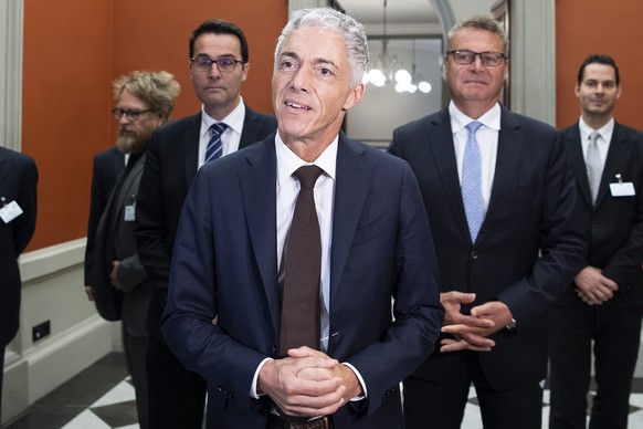 Swiss Federal Attorney Michael Lauber speaks at a press conference after his re-election by the Swiss Federal Assembly, on Wednesday, Sept. 25, 2019 in Bern, Switzerland. SwitzerlandÄôs lawmakers hav ...