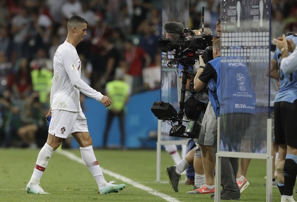Portugal&#039;s Cristiano Ronaldo leaves the field after the round of 16 match between Uruguay and Portugal at the 2018 soccer World Cup at the Fisht Stadium in Sochi, Russia, Saturday, June 30, 2018. ...