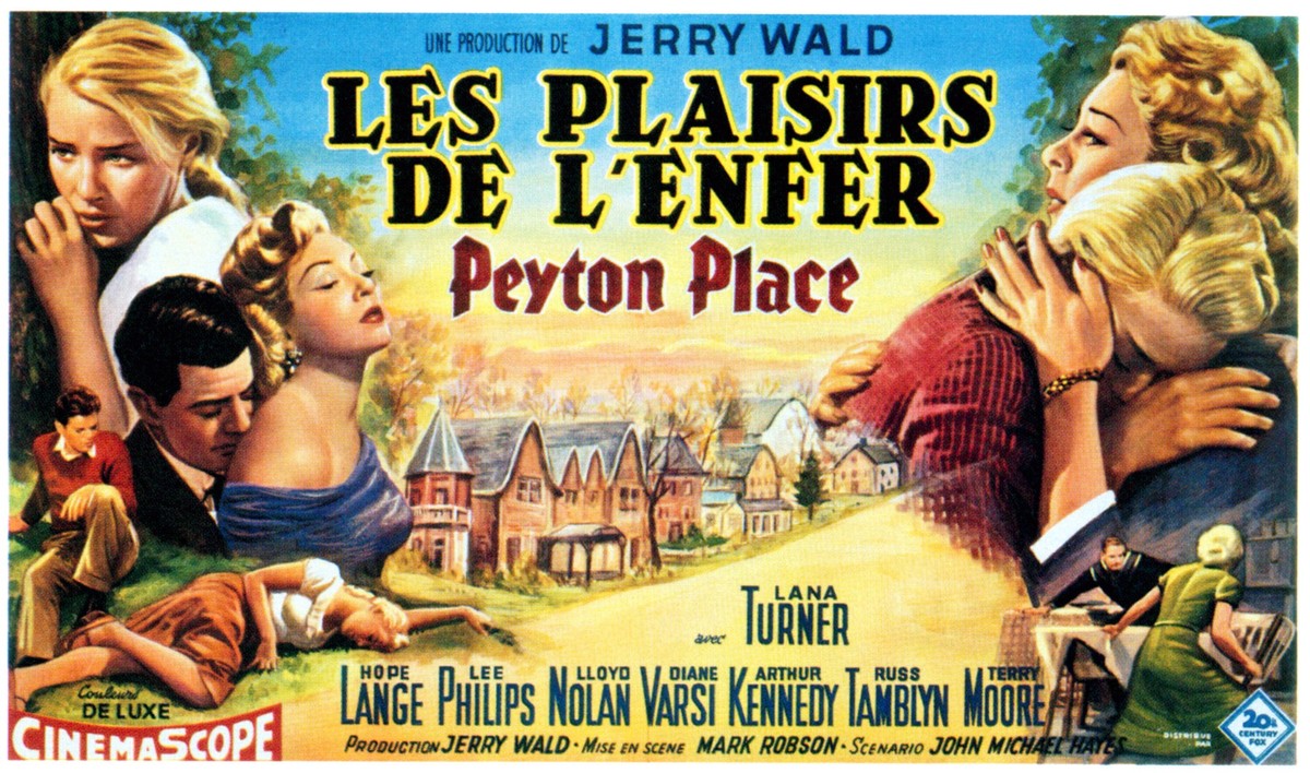 PEYTON PLACE, aka LES PLAISIRS DE L ENFER, from left: Hope Lange, Russ Tamblyn, Lee Philips, Lana Turner, Diane Varsi, Belgain poster, 1957, TM and Copyright 20th Century Fox Film Corp. All rights res ...