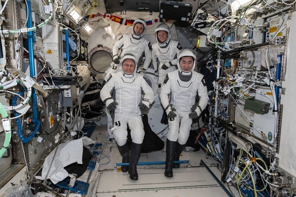 This photo provided by NASA shows clockwise from bottom left are, NASA astronaut Mike Fincke, Roscosmos cosmonaut Oleg Platonov, NASA astronaut Zena Cardman, and JAXA (Japan Aerospace Exploration Agen ...