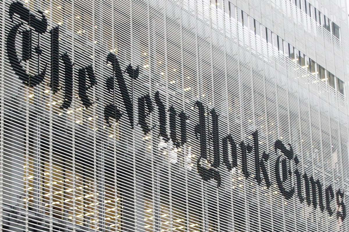 FILE - This Wednesday, Oct. 10, 2012 file photo shows the New York Times logo on the company's building in New York. On Friday, July 3, 2020, The Associated Press reported on a manipulated video  ...