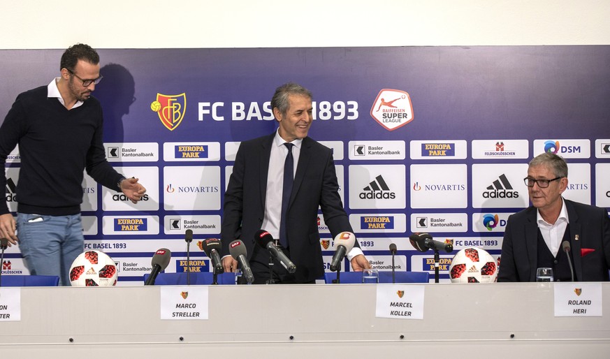 Sportchef Marco Streller, Trainer Marcel Koller und der neue CEO Roland Heri, von links, an einer Medienkonferenz des FC Basel anaesslich des Abschlusses der Hinrunde der Super League, am Mittwoch, 19 ...