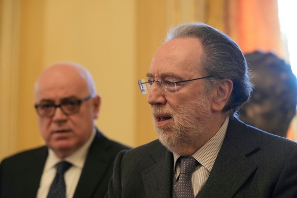 Italian conductor Riccardo Chailly, right, is flanked by Fortunato Ortombina during a press conference at La Scala Opera House to present the new opera season Lady Macbeth of the Mtsensk District, by  ...