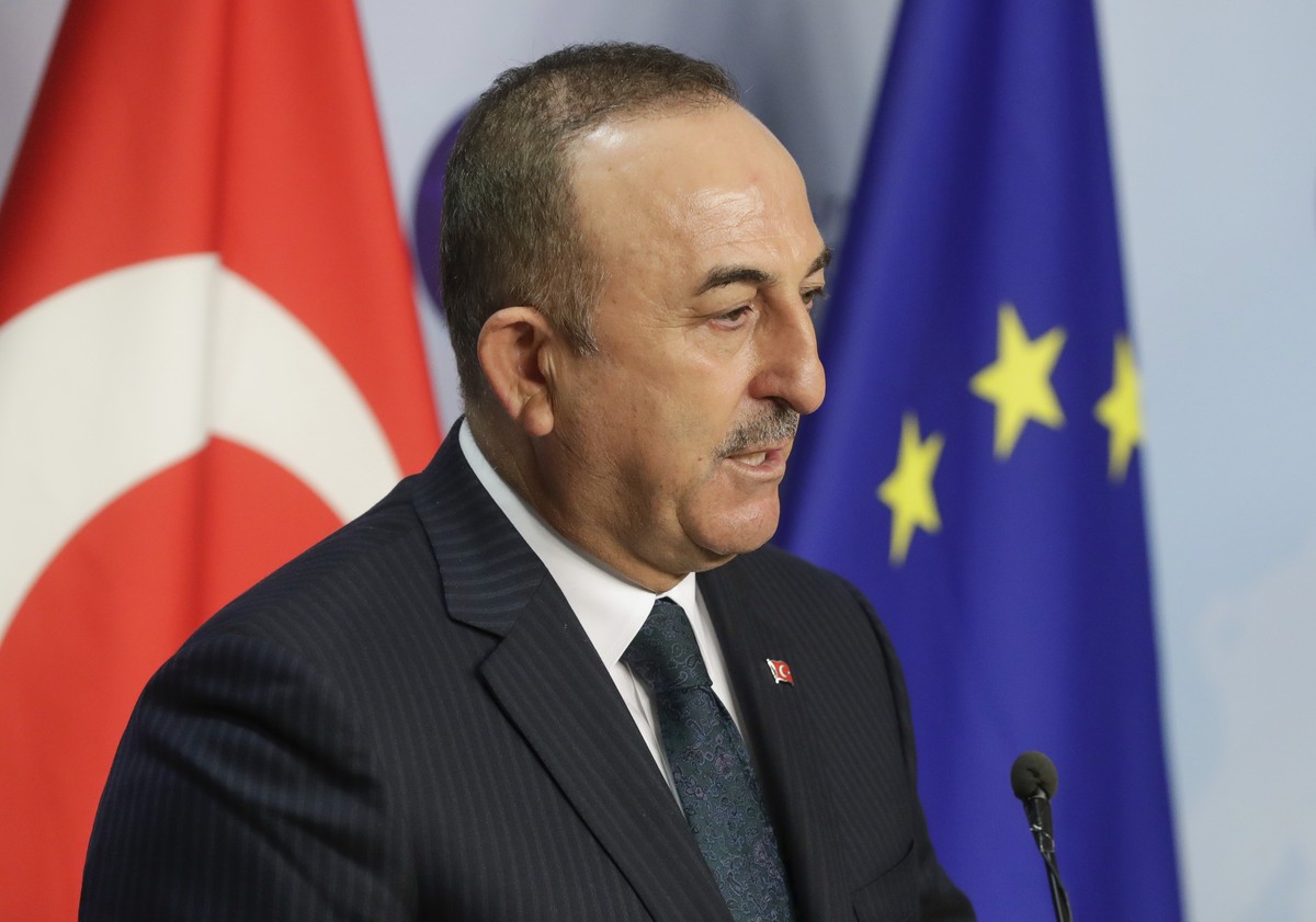 Turkey's Foreign Minister Mevlut Cavusoglu gives a joint statement with European Union foreign policy chief Josep Borrell prior to their meeting in Brussels, Thursday, Jan. 21, 2021. (Stephanie L ...