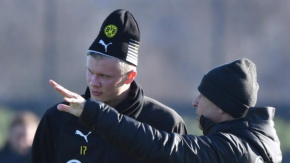 21.01.2020, Fussball GER, 1. Bundesliga Saison 2019 2020, Training Borussia Dortmund, Trainer Lucien Favre Borussia Dortmund, re., mit Erling Haaland Borussia Dortmund Dortmund Nordrhein-Westfalen Deu ...