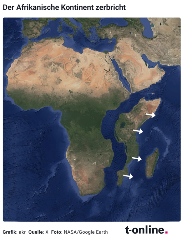 Wenn die Somalische und die Afrikanische Platte auseinanderdriften, wird Meerwasser die Lücke füllen und ein neuer Ozean entsteht. Die Simulation zeigt, wie die Geografie Afrikas sich verändern würde.