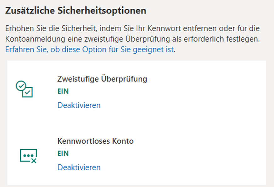 Diese beiden Sicherheitsoptionen sollten im Microsoft-Konto aktiviert sein.