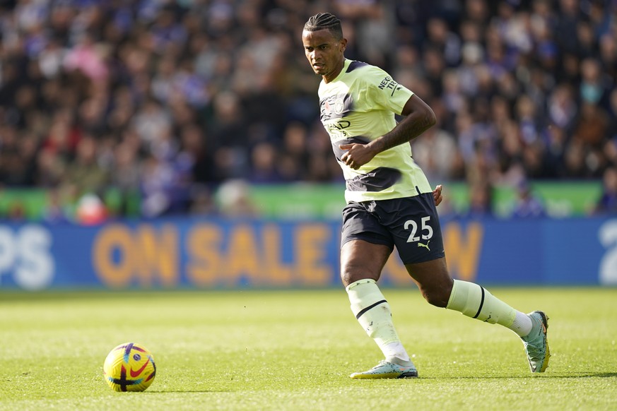 epa10272940 Manuel Akanji of Manchester City in action during the English Premier League soccer match between Leicester City and Manchester City in Leicester, Britain, 29 October 2022. EPA/TIM KEETON  ...