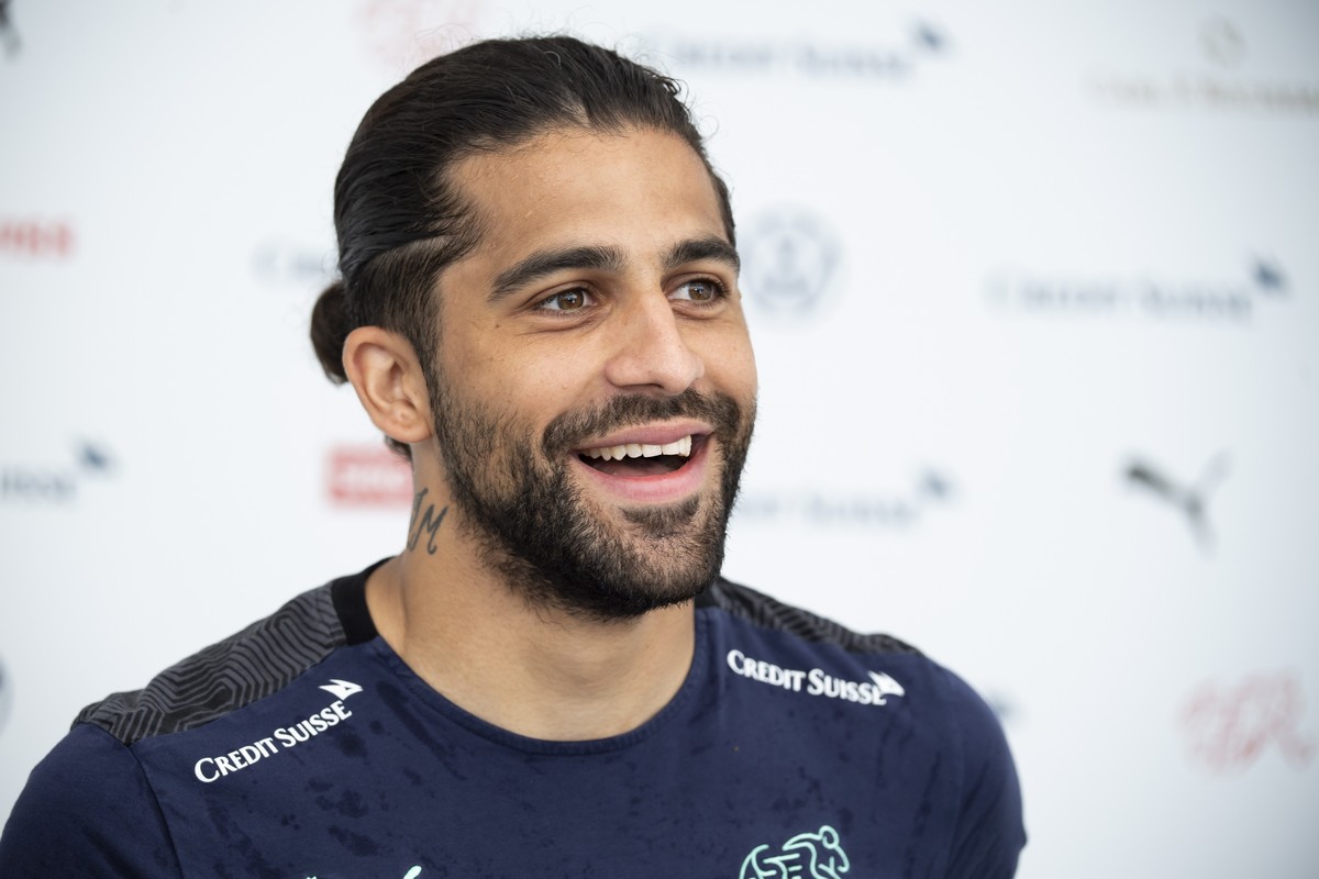 epa09300475 Switzerland's defender Ricardo Rodriguez speaks to journalists after a for the Euro 2020 soccer tournament at the Tre Fontane sports centre, in Rome, Italy, 25 June 2021. Switzerland  ...