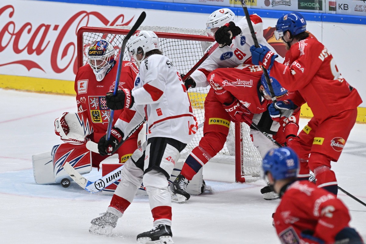 L-R goalkeeper Karel Vejmelka CZE receiving a goal, Sandro Schmid SUI, Dario Rohrbach SUI, Libor Hajek CZE and Michal Kovarcik CZE in action during the Czech Hockey Games, part of the Euro Hockey Tour ...