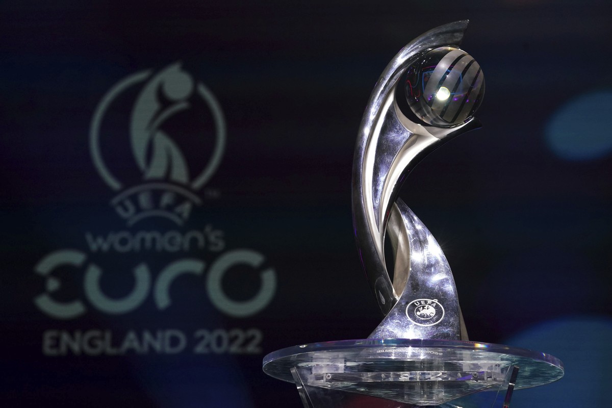 A view of the trophy on display before the UEFA Women's Euro 2022 soccer draw at O2 Victoria Warehouse in Manchester, England, Thursday, Oct. 28, 2021. (Nick Potts/PA via AP)