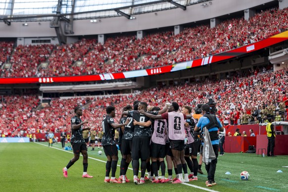epa13048393 Canada celebrates a goal scored by forward Jacob Shaffelburg in the second half of the FIFA World Cup 2026 group stage match between Canada and Qatar in Vancouver, Canada, 18 June 2026. EP ...