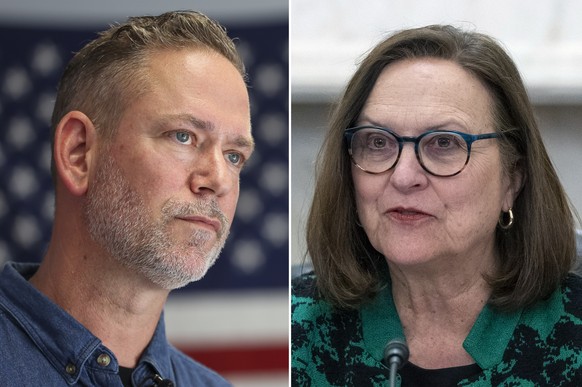 FILE - This combination of images shows from left, Independent Nebraska Senate candidate Dan Osborn, left, in Omaha, Neb., on May 15, 2024, and opponent, Sen. Deb Fischer, R-Neb., in Washington on Mar ...
