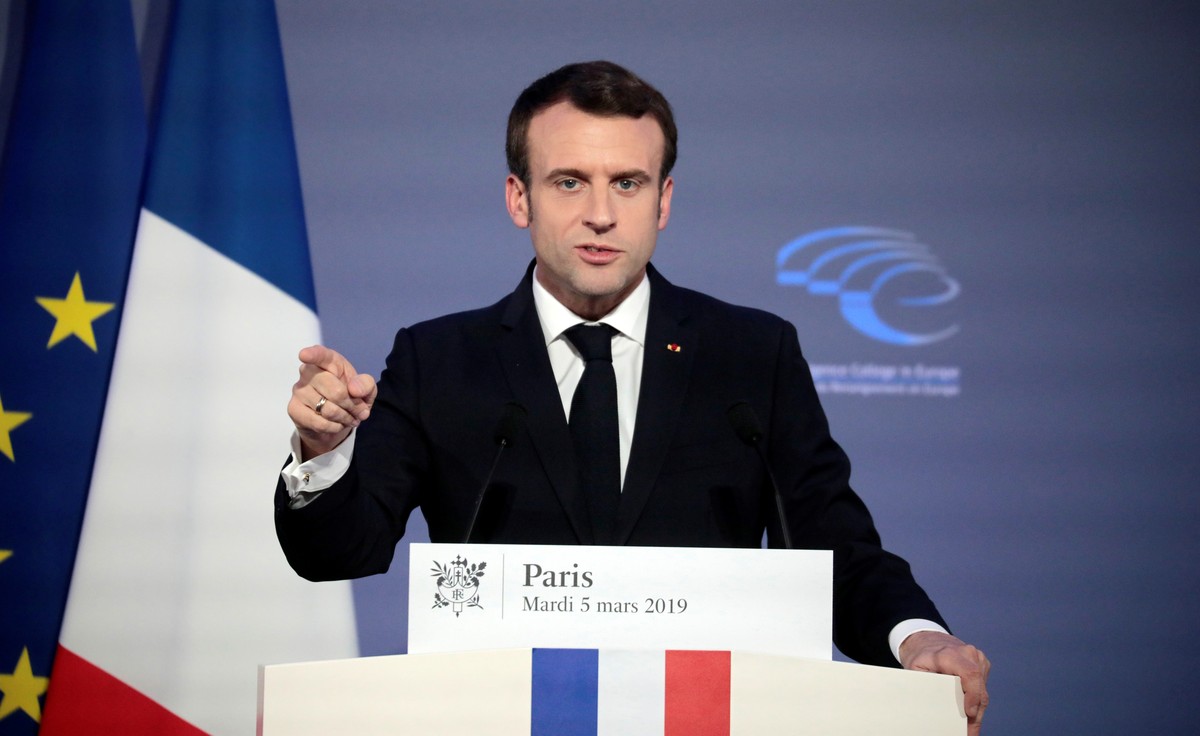 French President Emmanuel Macron delivers a speech during the closing session of the Intelligence College in Europe meeting at The Foreign Affairs Ministry in Paris Tuesday, March 5, 2019. Macron' ...