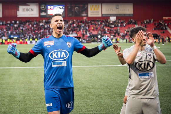 Le gardien argovien Djordje Nikolic, fete la victoire lors de la rencontre de football Super League - Challenge League de barrage match aller entre Neuchatel Xamax FCS et FC Aarau ce jeudi 30 mai 2019 ...