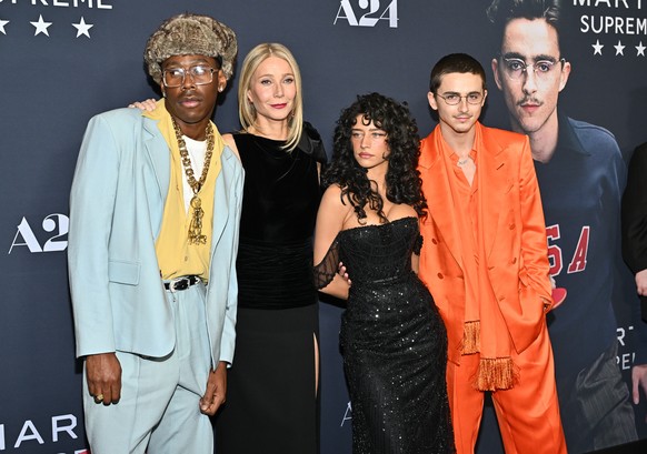 Tyler Okonma, left, Gwyneth Paltrow, Odessa A'zion and Timothée Chalamet attend the premiere of "Marty Supreme" at Regal Times Square on Tuesday, Dec. 16, 2025, in New York. (Photo by E ...