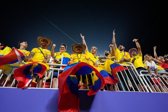 Colombia soccer fans celebrate at the end of the World Cup round of 32 soccer match between Colombia and Ghana in Kansas City, Mo., Friday, July 3, 2026. (AP Photo/John Locher)
Ghana Colombia WCup Soc ...