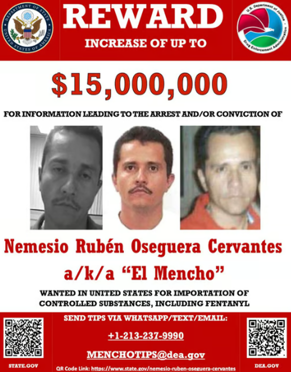Der Anführer des Kartells Jalisco Nueva Generacion, Nemesio Rubén Oseguera Cervantes, bekannt als «El Mencho», wurde getötet. (U.S. State Department via AP)