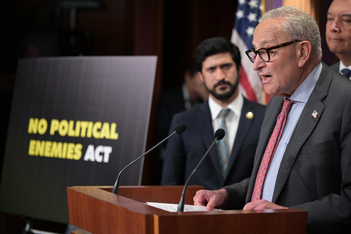 US Senate Minority Leader Chuck Schumer (R), Democrat from New York, speaks during a news conference on free speech legislation, at the US Capitol in Washington, DC, on September 18, 2025. The lawmake ...