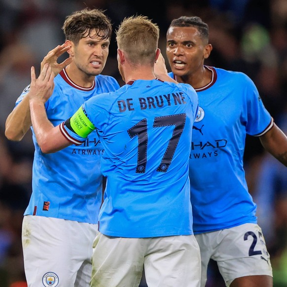UEFA Champions League Manchester City v Borussia Dortmund John Stones 5 of Manchester City celebrates his goal to make it 1-1 with Kevin De Bruyne 17 of Manchester City and Manuel Akanji 25 of Manches ...